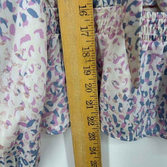 Express Womens Small Tie Back Peplum Top Purple Abstract Print Satin Long Sleeve - Picture 11 of 11